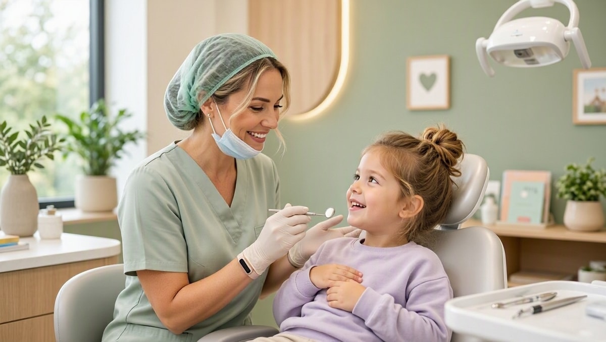 Exame odontológico infantil acolhedor Cirurgião-dentista interagindo com calma com uma criança na cadeira odontológica durante consulta