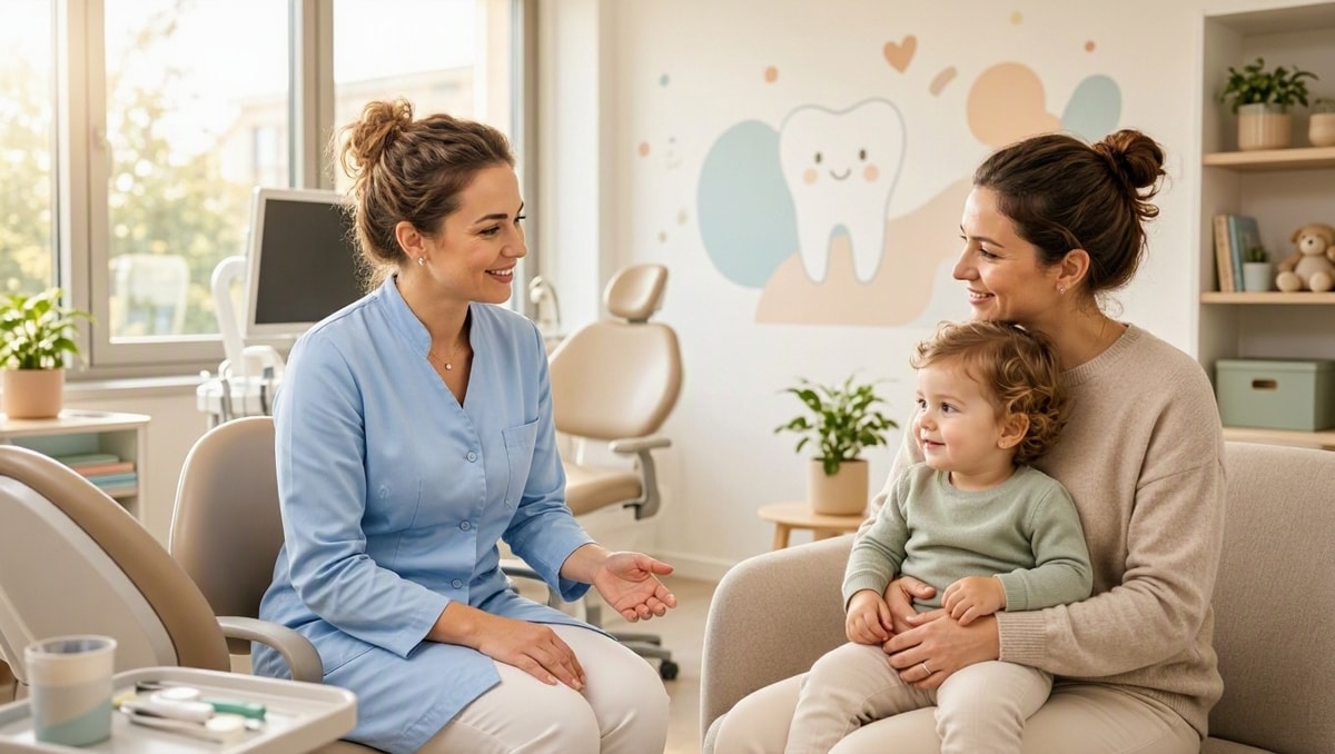 Consulta preventiva no odontopediatra Dentista conversando tranquilamente com mãe e criança pequena em consultório odontopediátrico acolhedor.