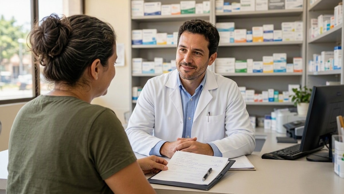 Atendimento com representação de paciente Familiar dialogando com atendente no balcão de uma farmácia ao apresentar documentos e receita para retirada.