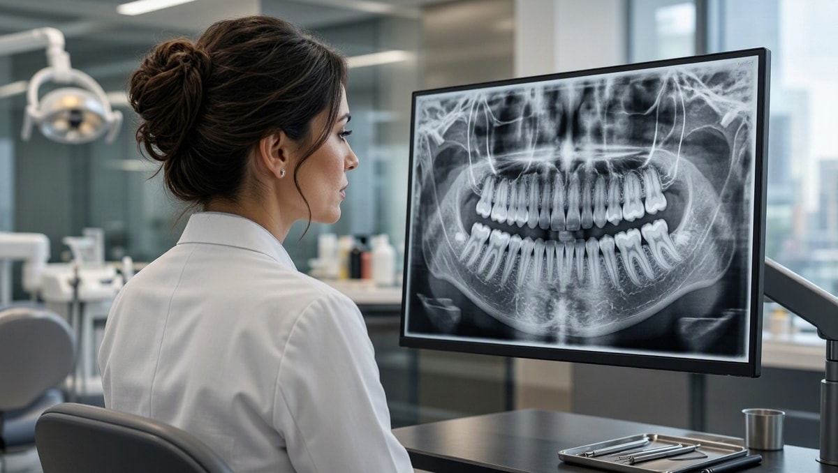 Dentista observando radiografia panorâmica da mandíbula para avaliar a posição dos dentes molares.