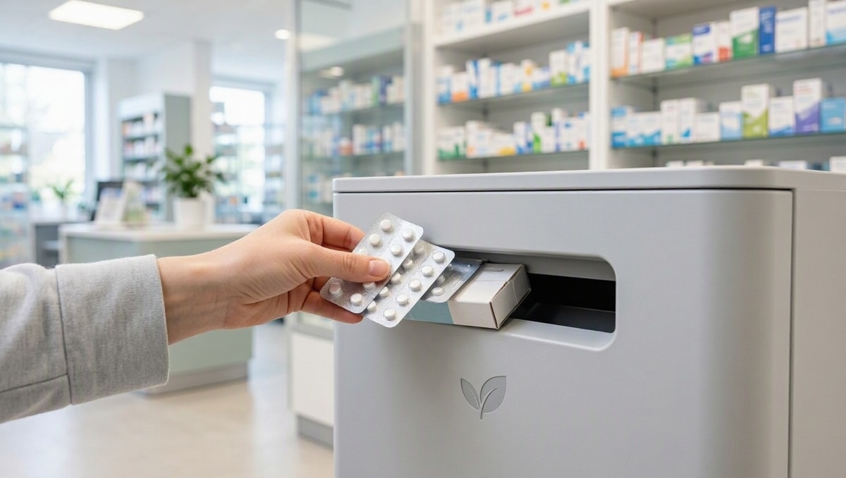 Pessoa depositando cartelas e caixas de medicamentos em compartimento de coleta adequado em farmácia.