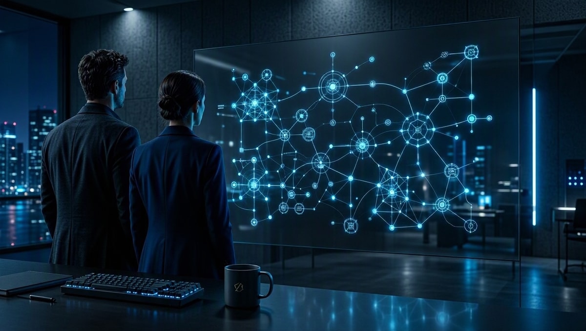Equipe de tecnologia analisando diagramas conceituais de arquitetura de sistemas em painel digital escuro.