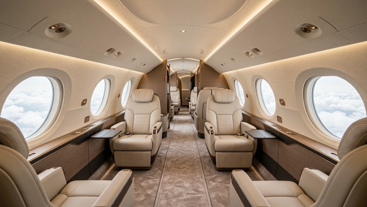 Interior elegante de cabine de aeronave executiva com acabamento em couro claro e iluminação embutida.