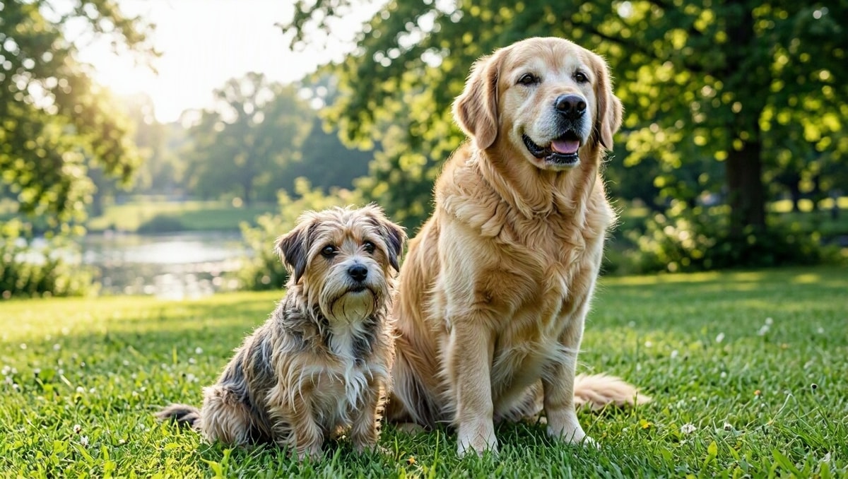 Cachorro de pequeno porte sentado ao lado de um cão de porte grande em gramado aberto.