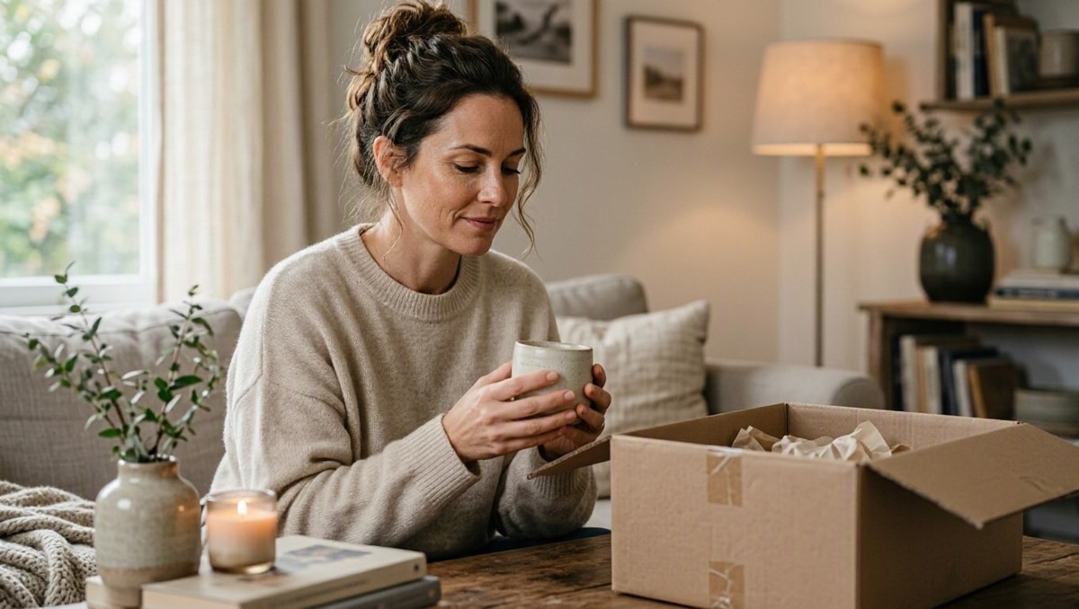 Consumidora avaliando com atenção um produto recém-retirado de uma embalagem de entrega em sua casa.