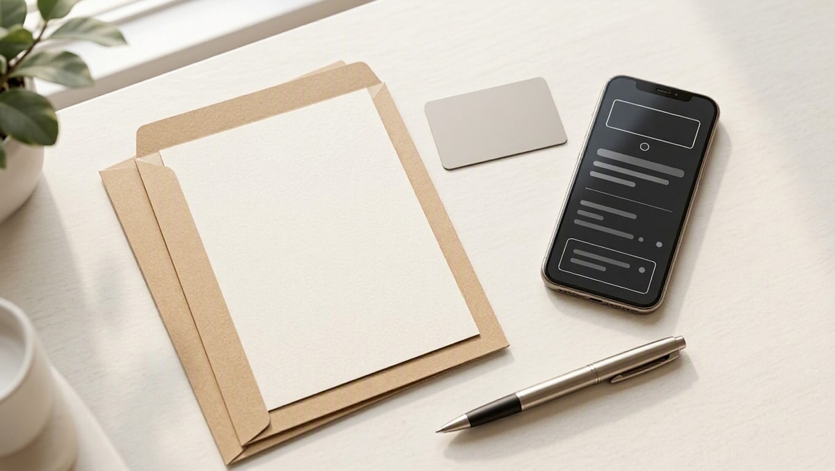 Mesa de escritório com pastas, recibos sem texto legível e smartphone representando comprovantes de compra.