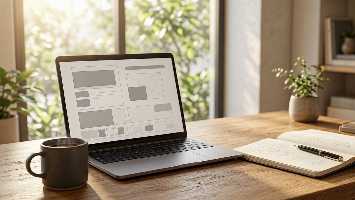Computador portátil em escrivaninha de madeira com caderno de protocolos para consulta de canais de atendimento.