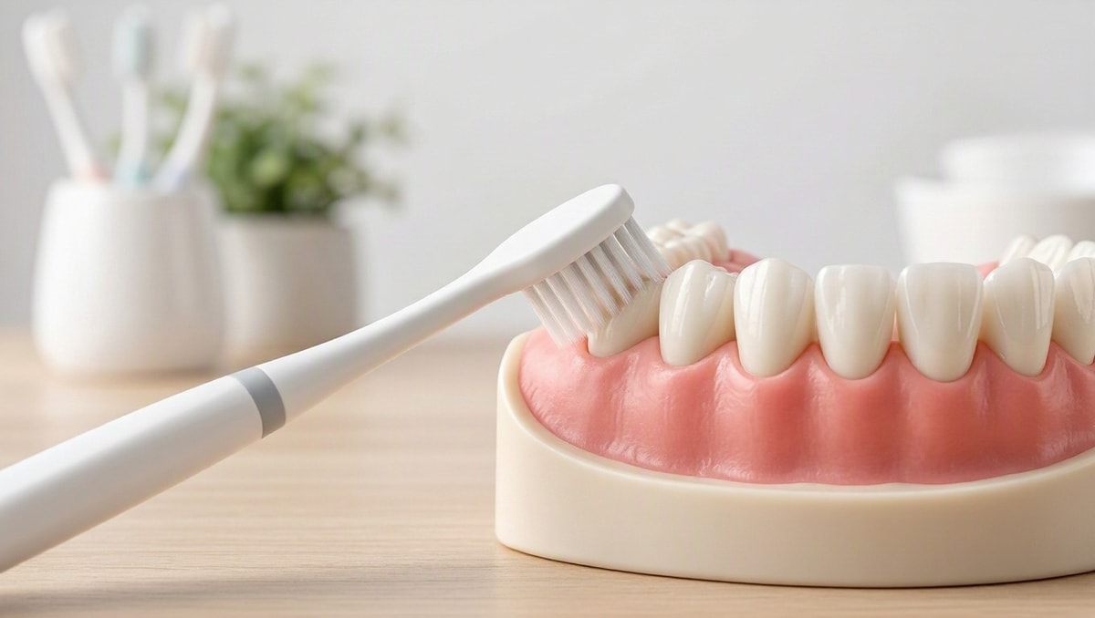 Modelo odontológico educativo demonstrando o posicionamento correto da escova de dentes junto à margem da gengiva.