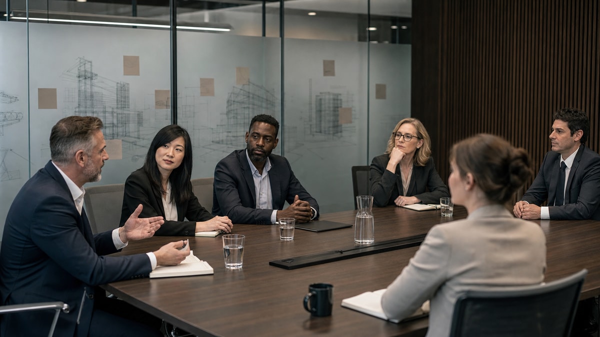 Equipe de planejamento estratégico reunida em sala executiva debatendo arquitetura de produto e negócios.