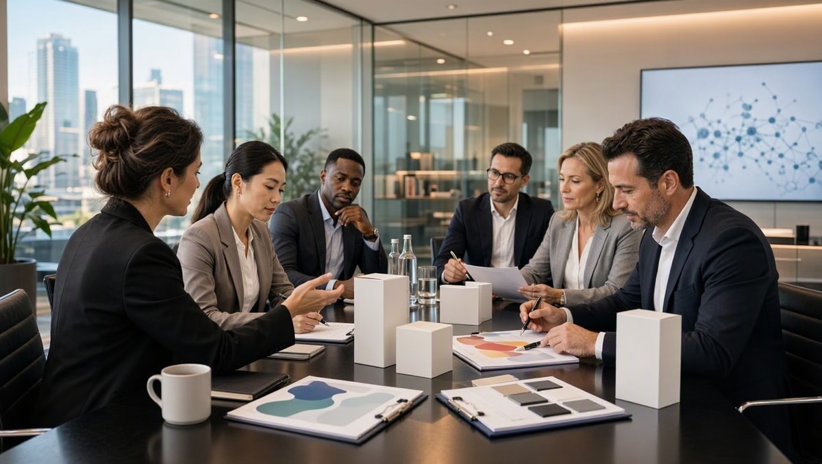 Reunião de equipe executiva e criadores em sala corporativa analisando projetos de comunicação e produtos.