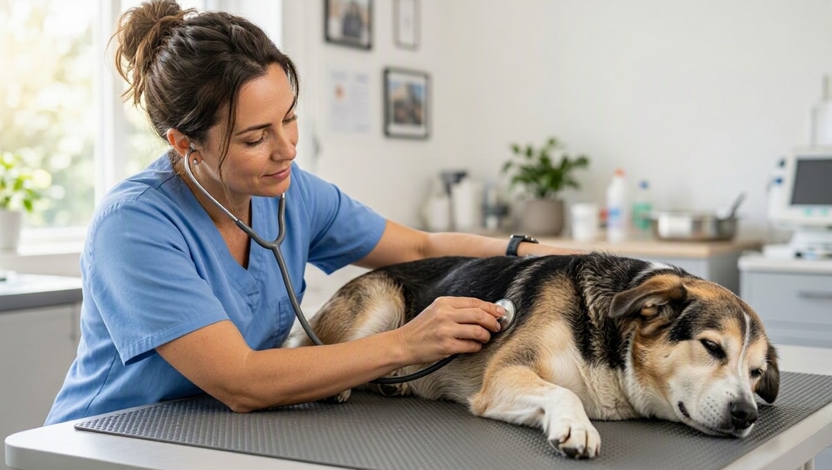 Avaliação clínica prévia do cachorro adulto Veterinária realizando exame físico com estetoscópio em cão adulto antes da imunização.