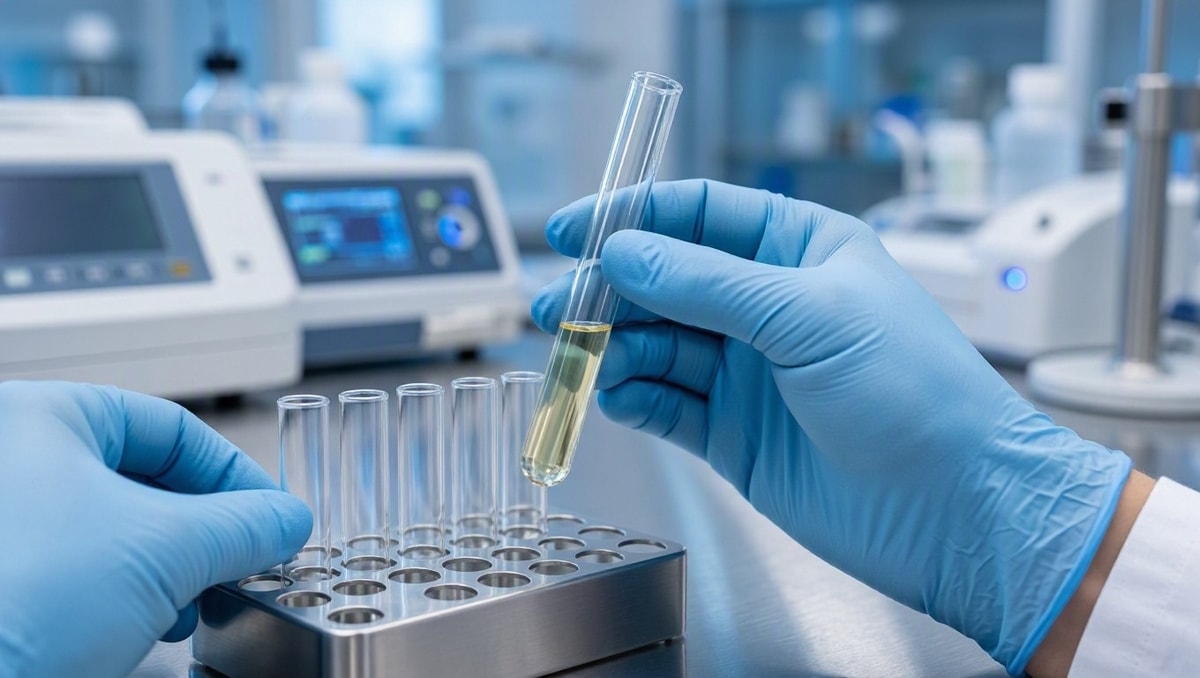Profissional de laboratório manuseando tubo de ensaio para análise sanguínea.