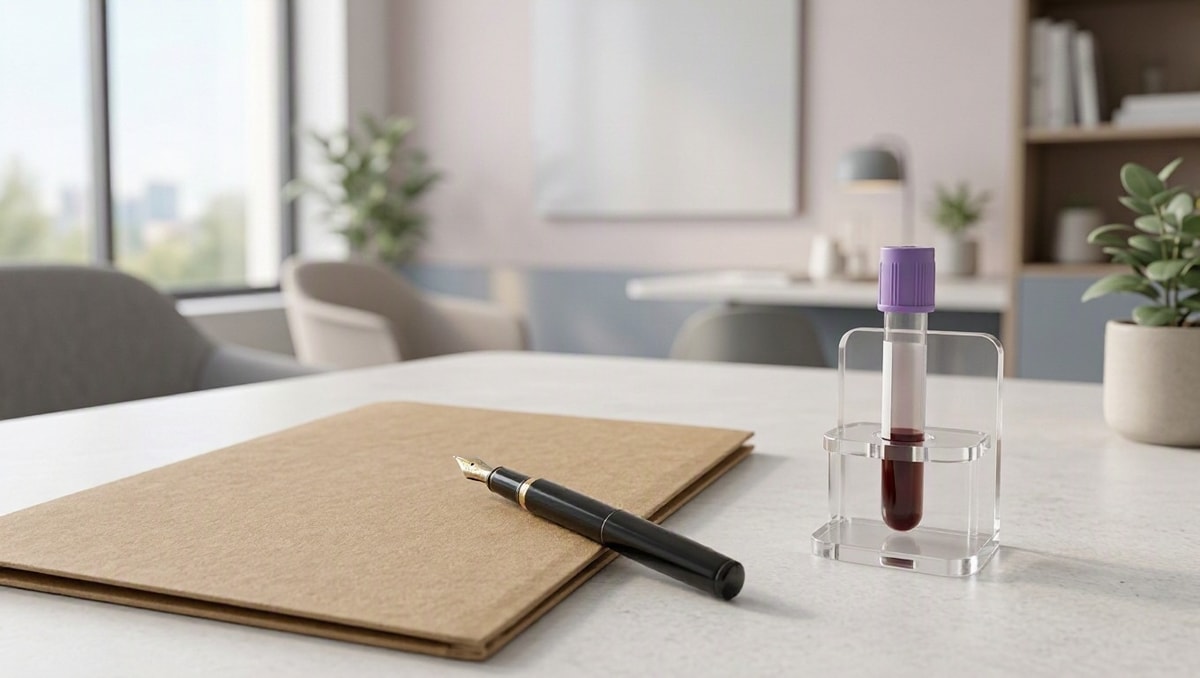 Avaliação laboratorial de exame de sangue Mesa de consultório médico com tubo de exame laboratorial e pasta médica para interpretação clínica.