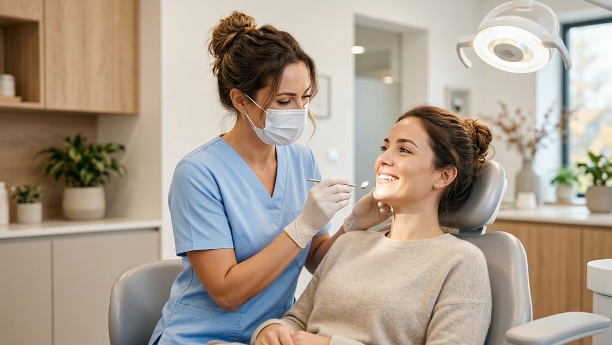 Dentista realizando exame preventivo da gengiva com espelho clínico em ambiente de consultório acolhedor.