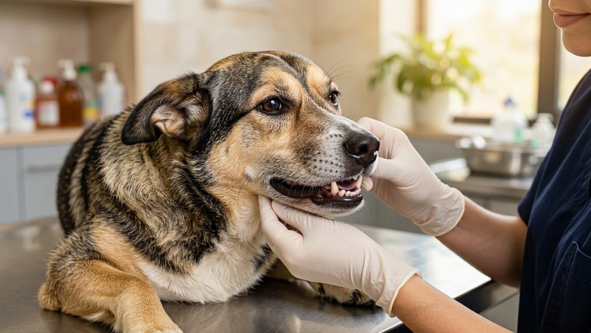 Veterinário examinando a arcada dentária de um cão adotado durante consulta clínica.