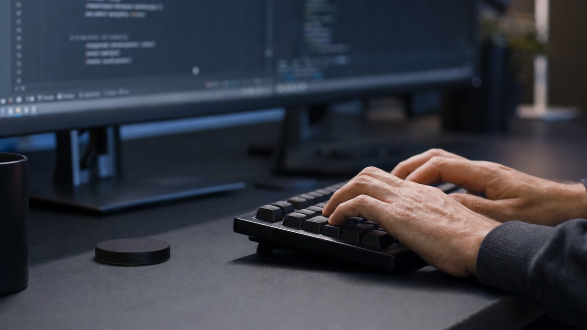 Profissional digitando em teclado mecânico diante de terminal em tela escura para extração de arquivos.