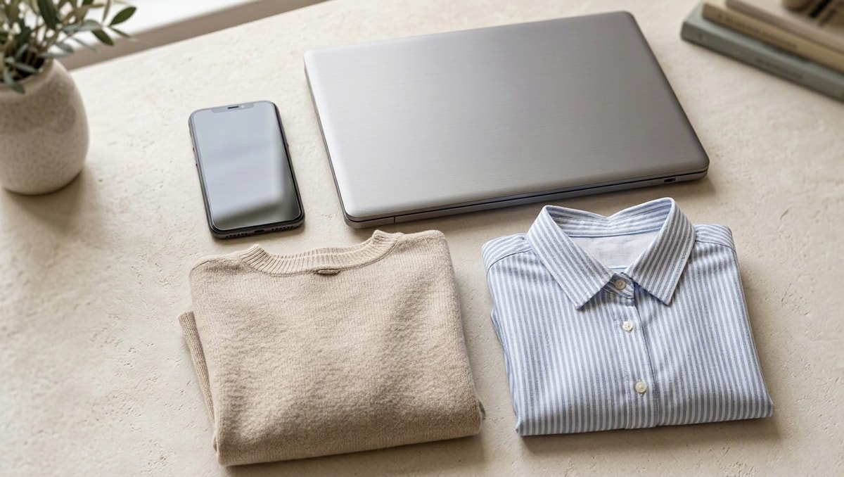 Celular, notebook e roupa bem conservados ilustram como mudanças de estilo podem alterar o apelo dos produtos.