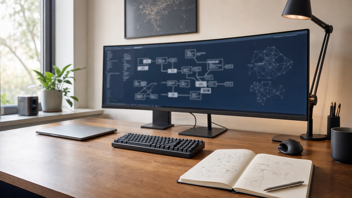 Mesa de trabalho de desenvolvimento de software com monitor exibindo esquemas lógicos e caderno com esboços matemáticos conceituais.