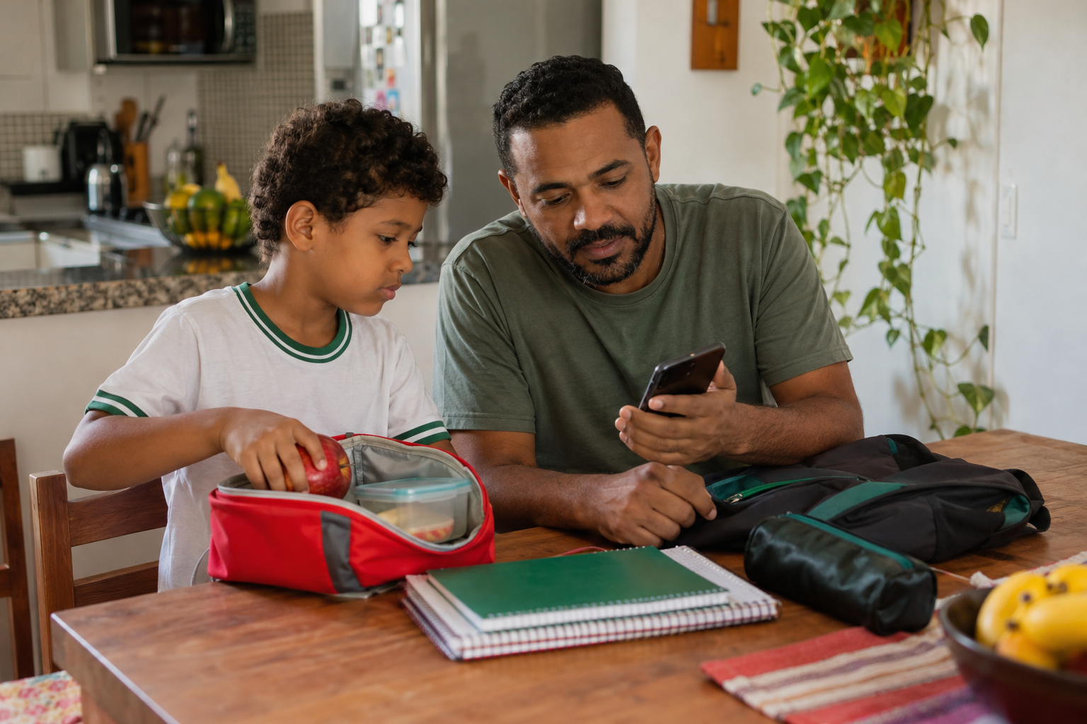 Pai e filho consultam no celular se haverá aula no Dia do Professor de 2026