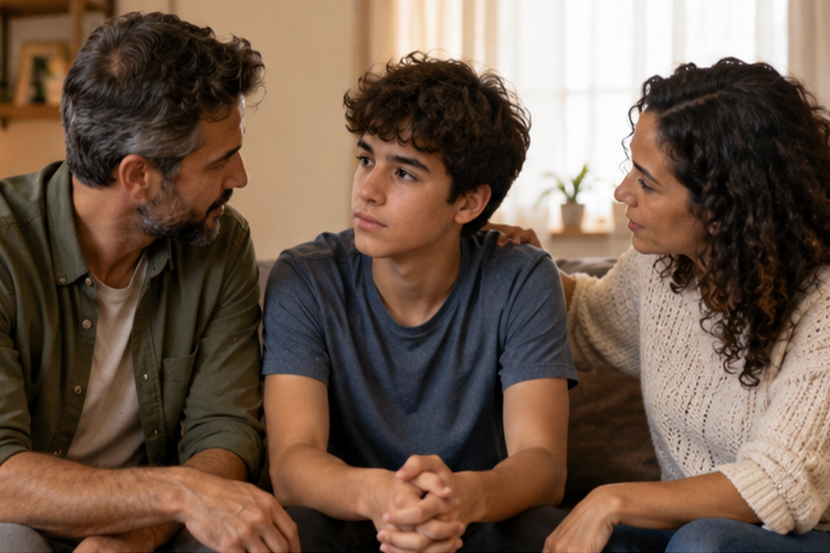 Família conversando com um adolescente em casa que presenciou bullying na escola