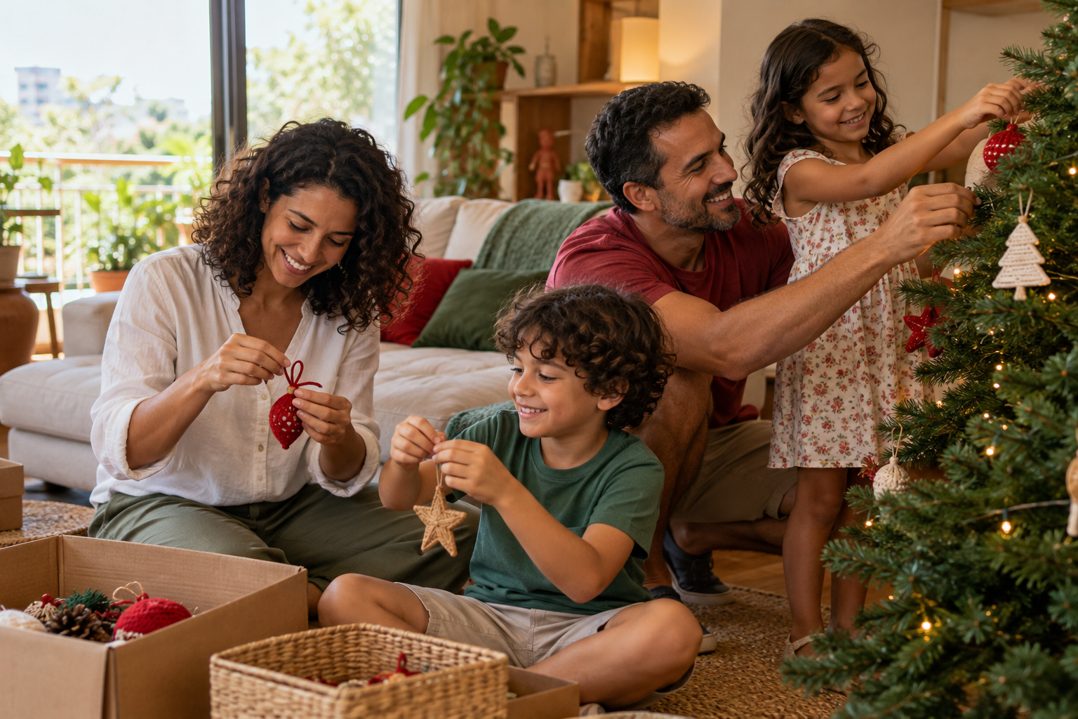 Família monta a decoração de Natal com as crianças durante o feriado de 2 de novembro.