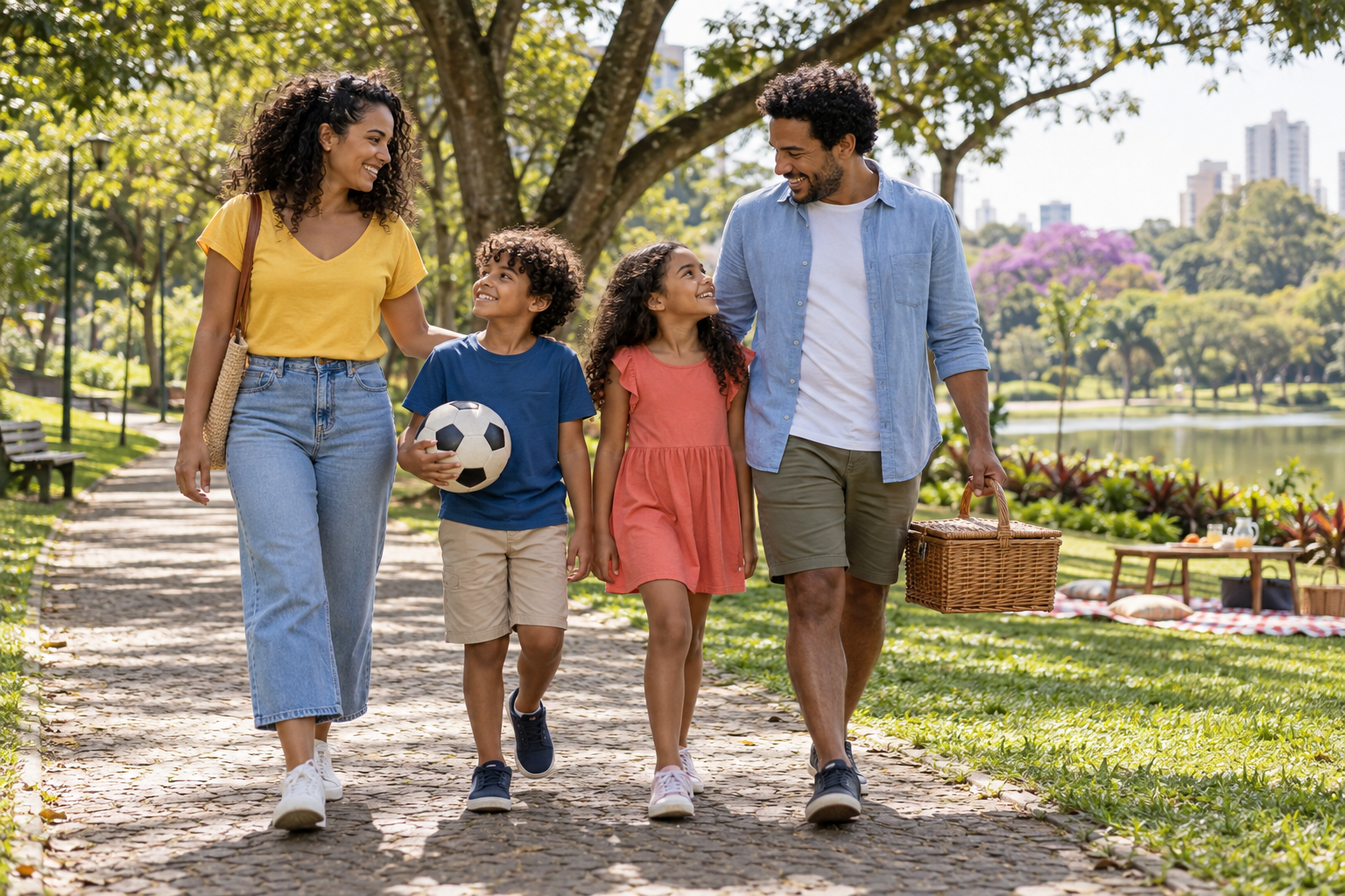 Família aproveita passeio com as crianças em um parque durante o feriado de Finados 2026.