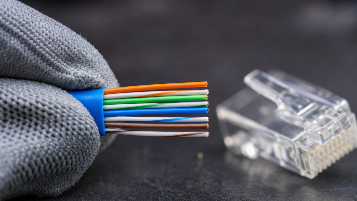 Condutores de cobre coloridos de um cabo de rede alinhados em paralelo para encaixe em conector RJ45.