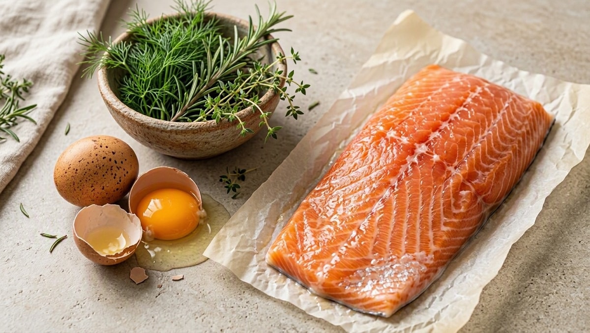 Ingredientes frescos como peixe e ovos dispostos sobre bancada com iluminação natural.