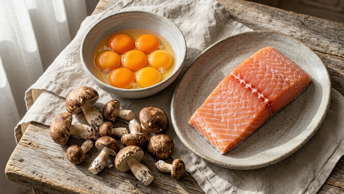 Fontes alimentares e naturais de vitamina D Mesa com alimentos que contêm vitamina D, incluindo cogumelos frescos, ovos e peixe sobre bancada iluminada.