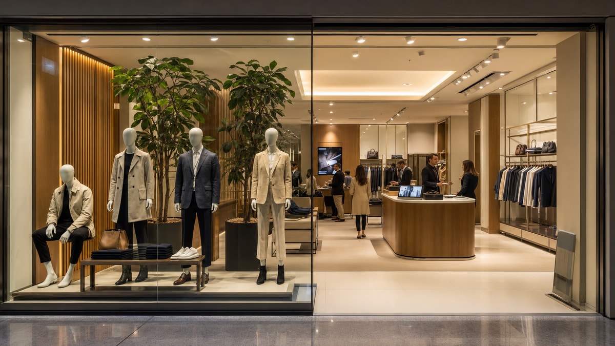 Expansão de franquias com integração digital no varejo Interior moderno de loja de franquia de moda com iluminação convidativa e atendimento auxiliado por recursos digitais.