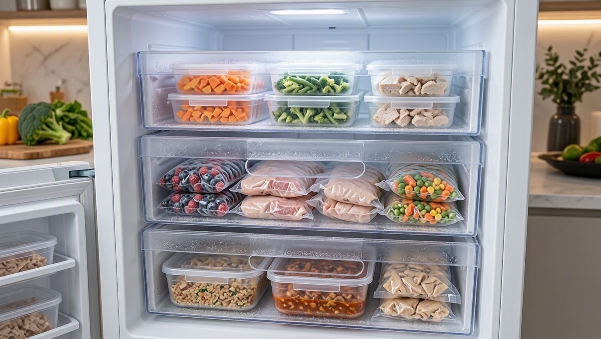 Compartimento de freezer doméstico aberto com gavetas organizadas e porções de alimentos caseiros devidamente empilhadas
