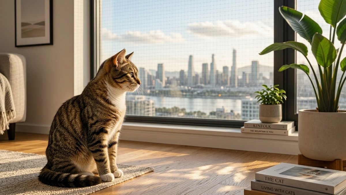 Gato doméstico jovem observando a claridade através de uma janela segura em apartamento bem iluminado.