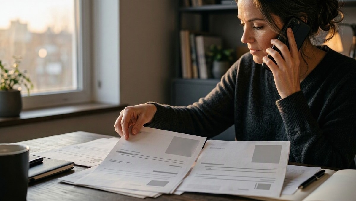 Preserve os registros do pagamento Pessoa organiza uma fatura e um comprovante enquanto busca orientação por telefone.