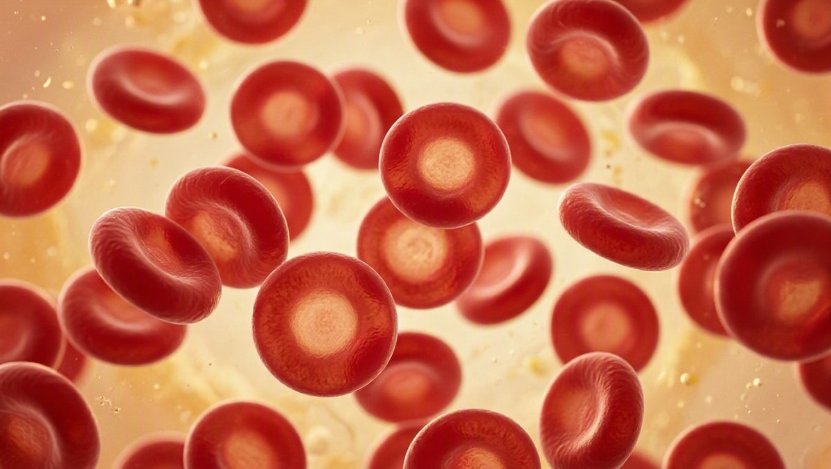 Hemácias observadas em microscopia Microfotografia artística de hemácias com foco na forma e no volume das células vermelhas do sangue.
