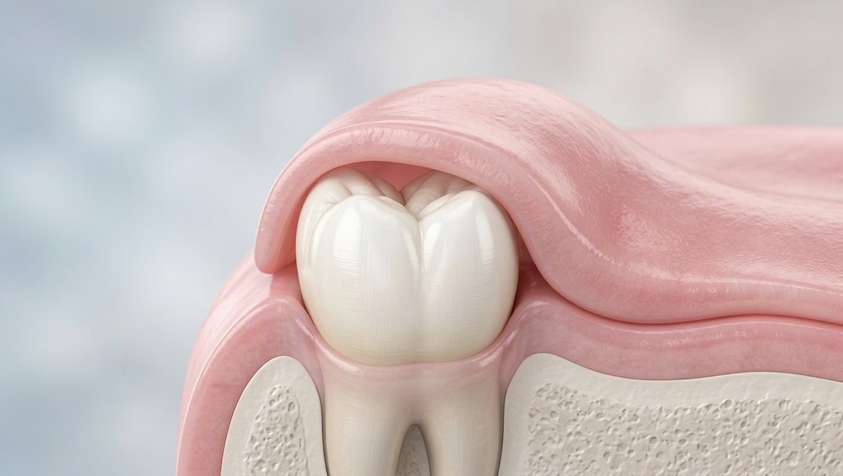 Representação anatômica de dente molar parcialmente sob o capuz gengival.