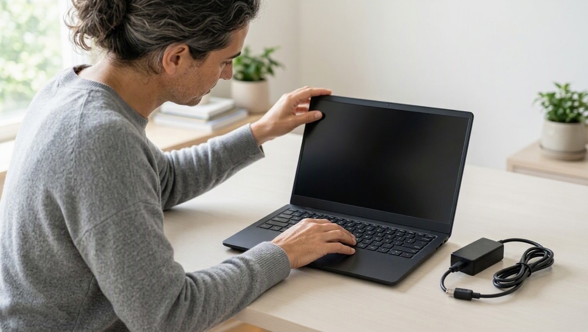 Conferir o equipamento Pessoa conferindo o notebook e os acessórios antes de iniciar a locação.