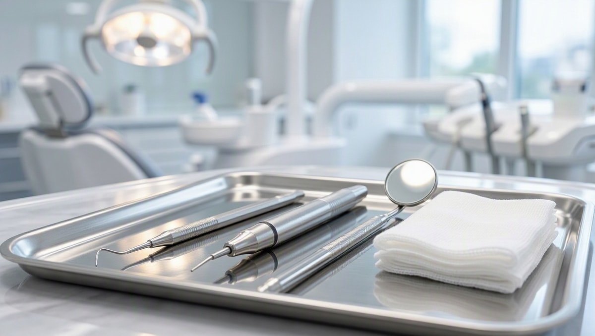 Bandeja cirúrgica odontológica com cureta e instrumentos clínicos para remoção de tártaro.