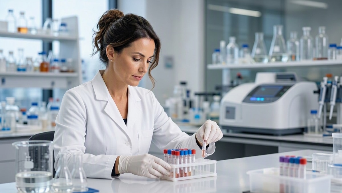 Profissional de laboratório em jaleco branco manuseando amostras para análise clínica.