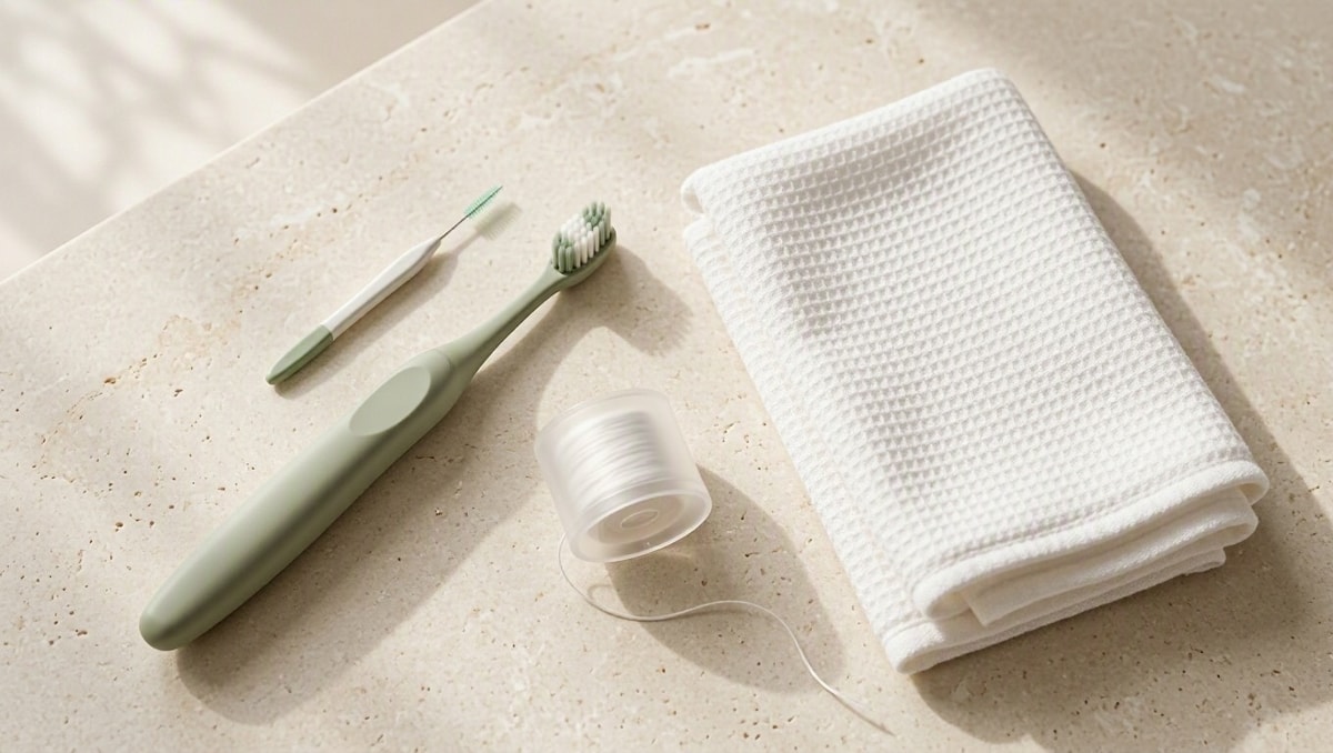 Itens de higiene bucal delicada incluindo escova de cerdas macias, escova interdental e fio dental sobre bancada clara.
