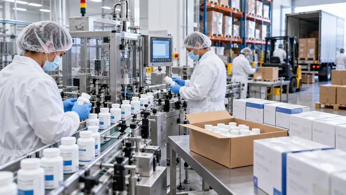Linha de produção farmacêutica com trabalhadores usando equipamentos de proteção e embalagens em preparação.