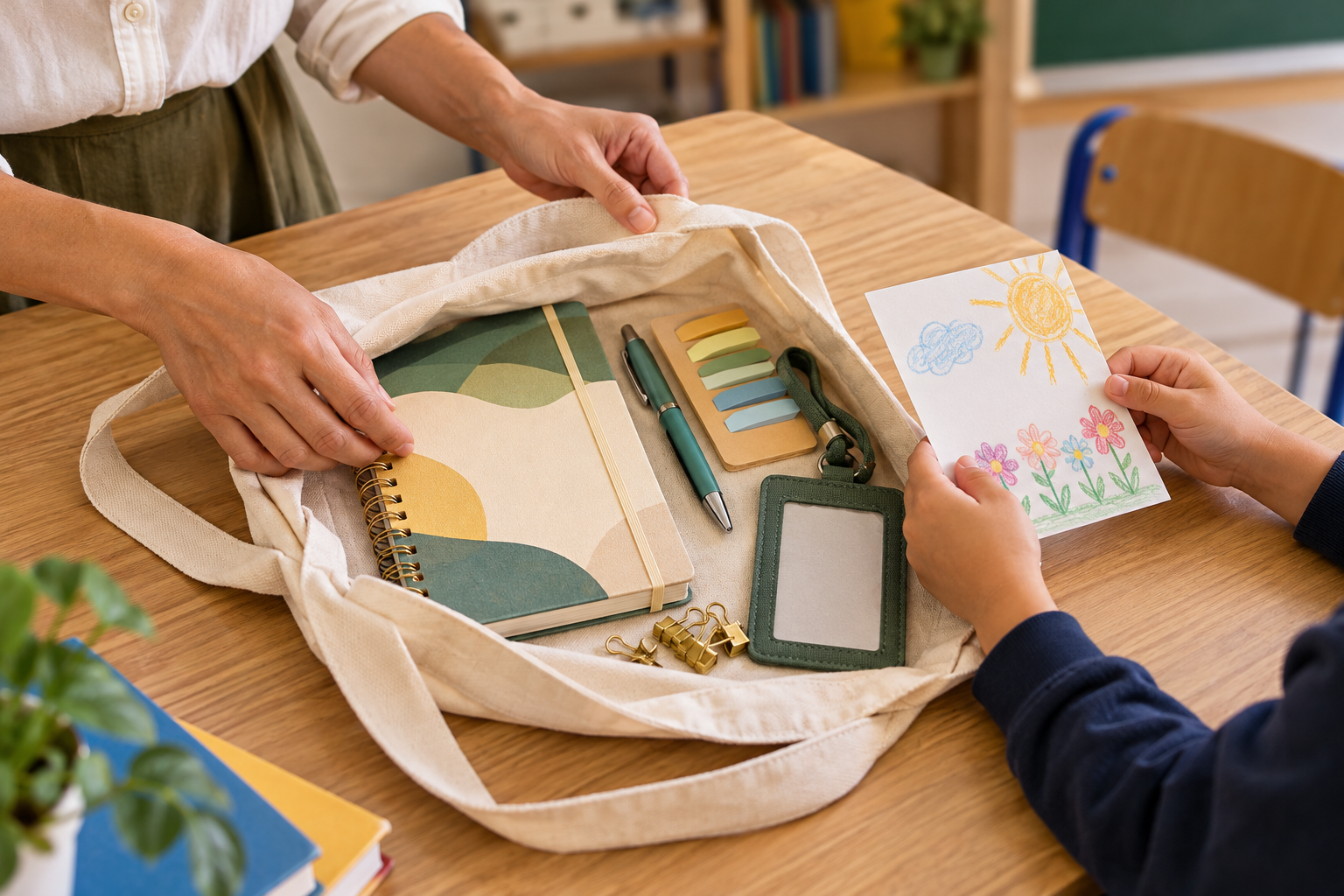 Kit de presente para o Dia dos Professores com planner, caneta, marcadores e cartão feito por uma criança