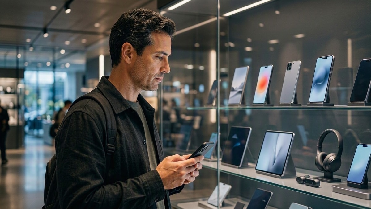 Pessoa compara seu celular bem conservado com aparelhos genéricos expostos em uma vitrine.
