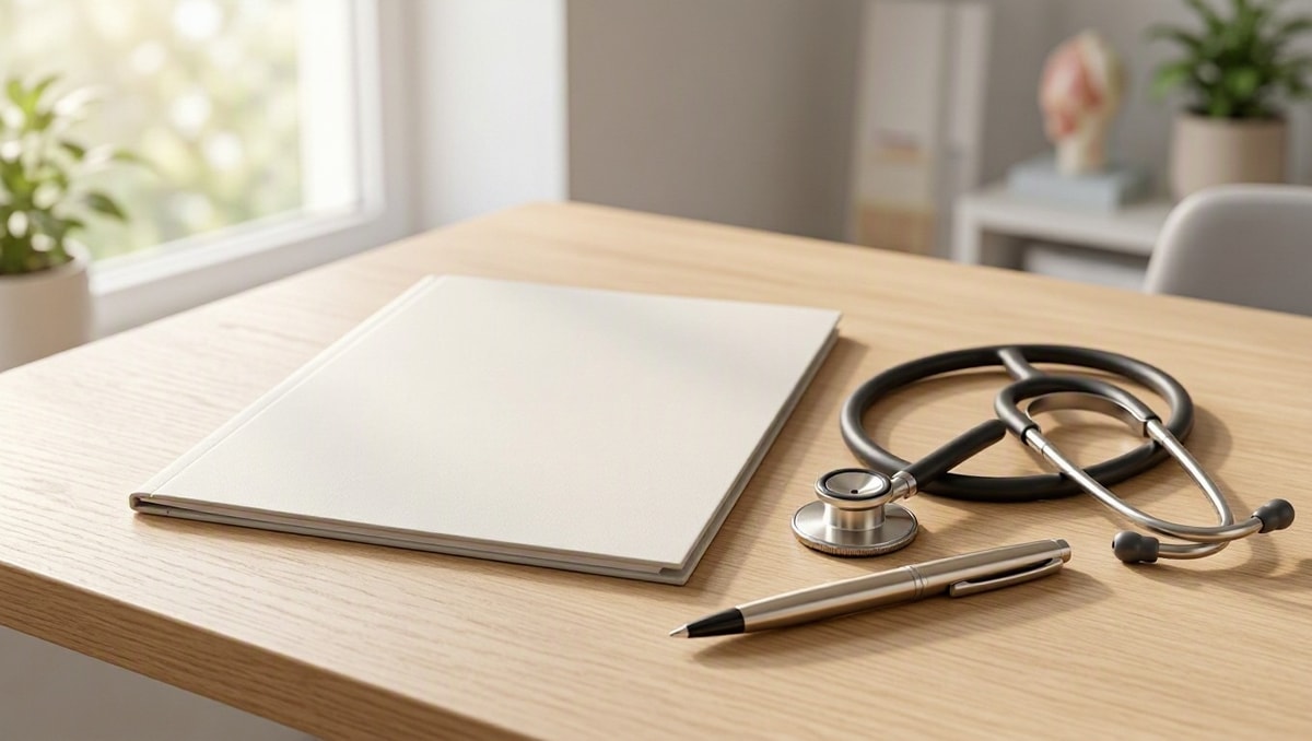 Pasta de exames médicos e estetoscópio organizados sobre mesa de consultório.