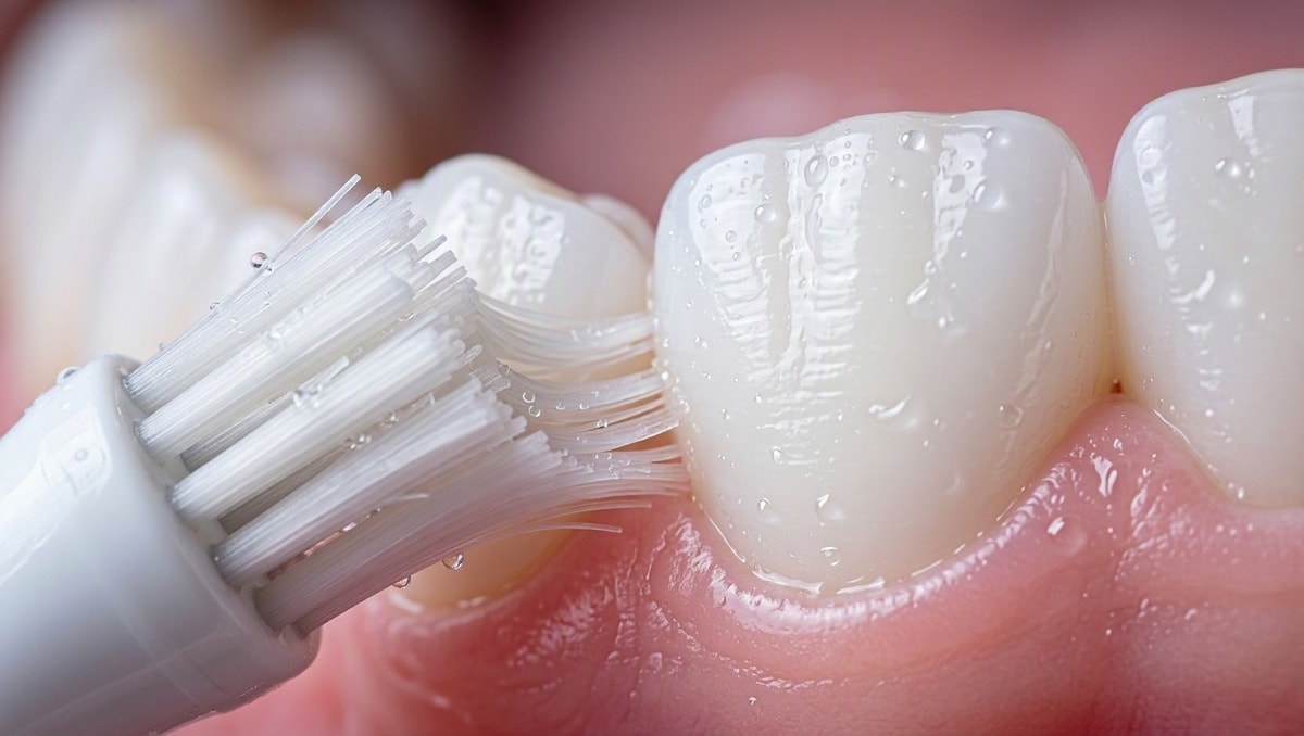 Macro aproximada de cerdas macias de escova dental tocando suavemente a margem da gengiva.