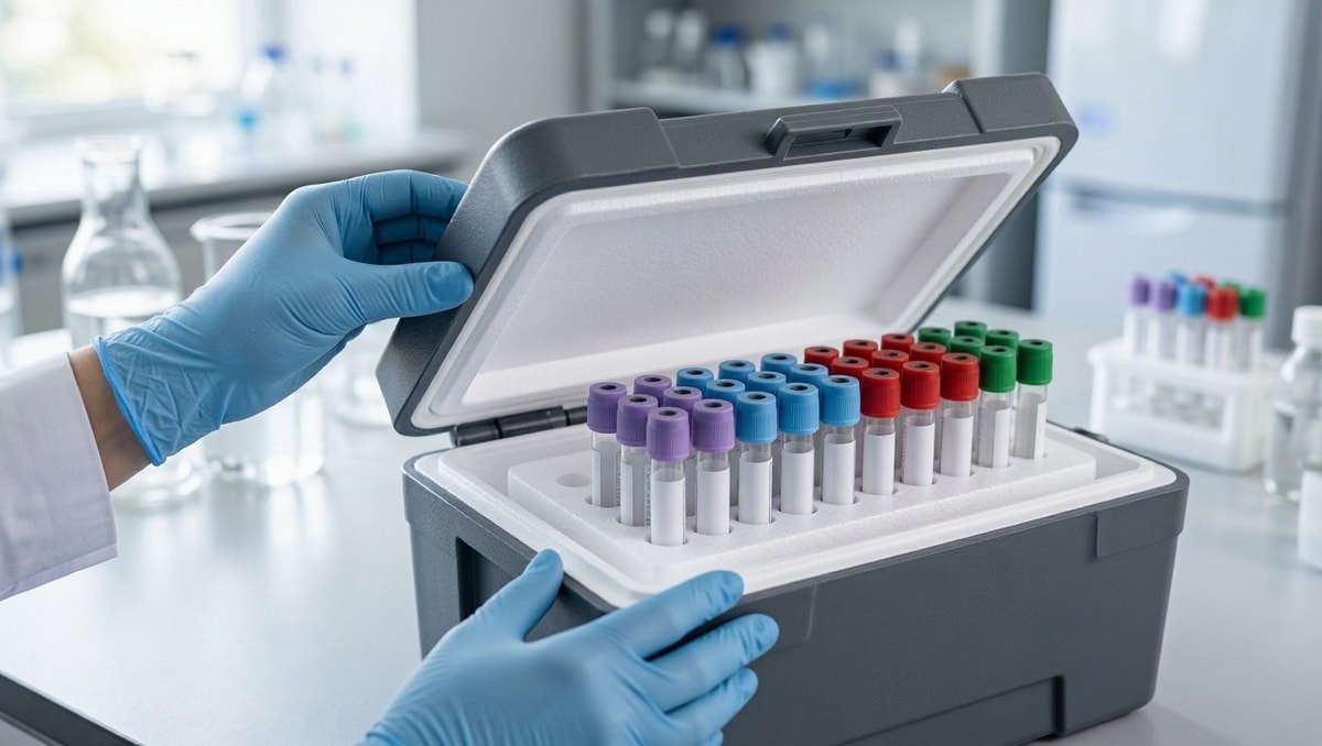 Acondicionamento e transporte seguro de exames Caixa térmica apropriada para transporte de amostras biológicas com suporte para tubos de coleta laboratoriais.
