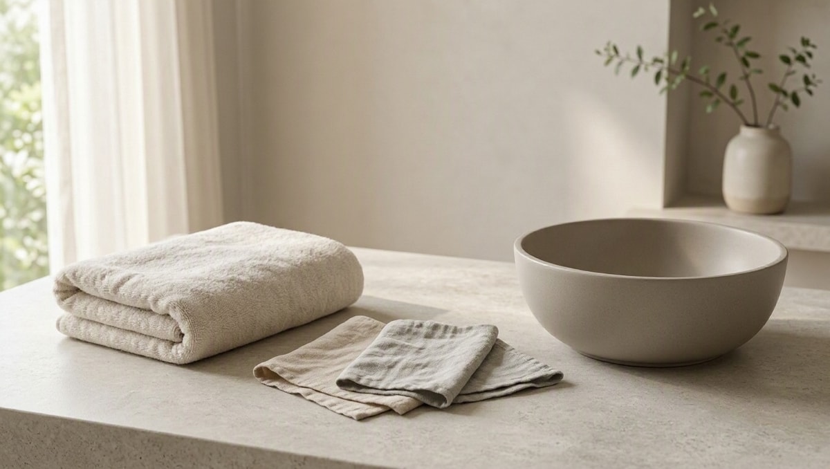 Organização dos cuidados de higiene Toalha e materiais simples organizados para planejar os cuidados de higiene e banho do bebê.