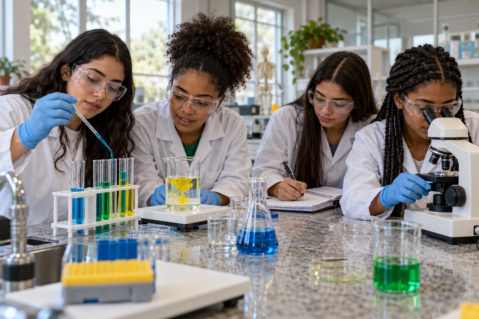 Meninas do Ensino Médio realizam experimentos durante uma atividade em laboratório de ciências