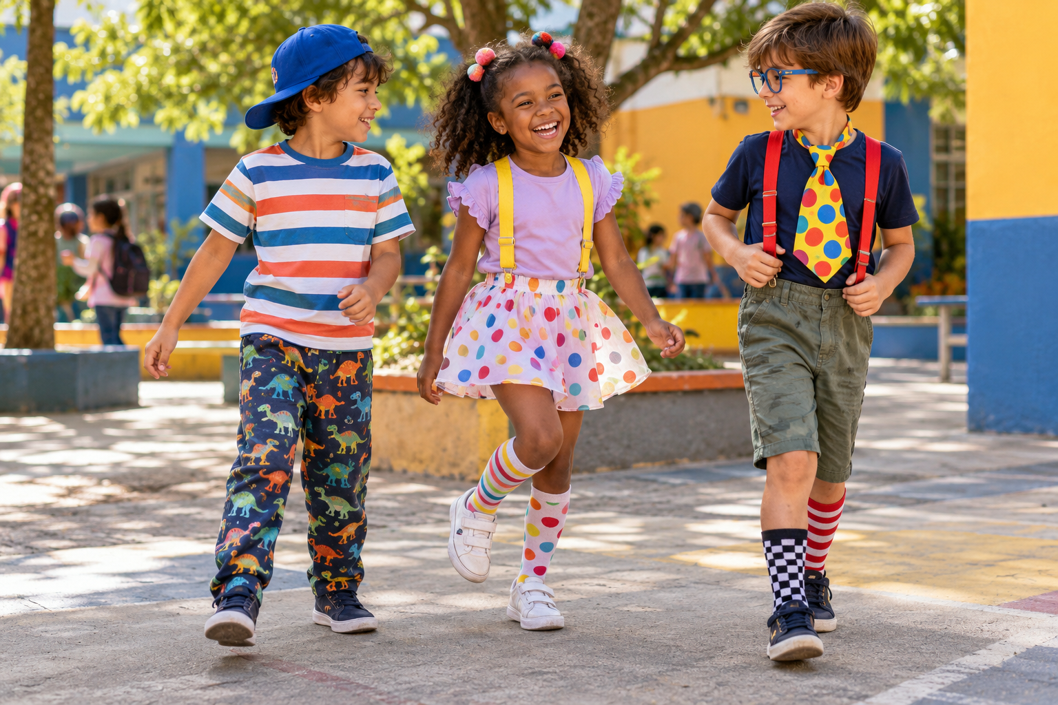Crianças com roupa maluca infantil feita com peças coloridas e descombinadas no pátio da escola