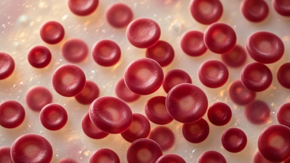 Visualização microscópica de glóbulos vermelhos com diâmetros variados evidenciando a anisocitose celular.