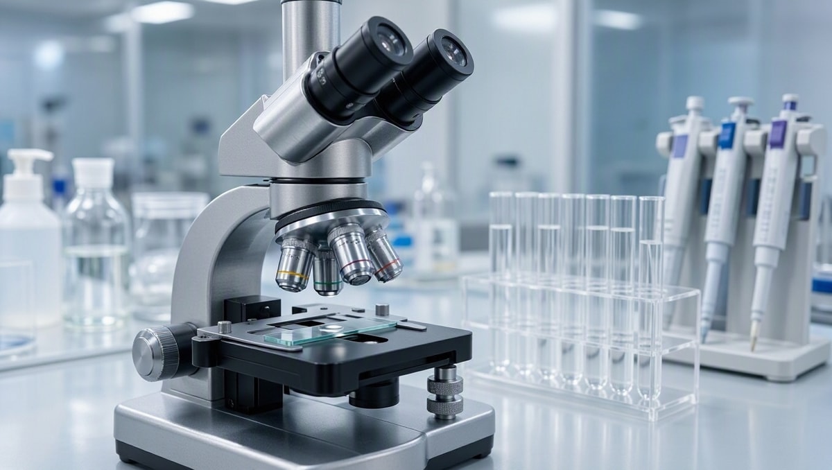 Microscópio óptico de bancada em laboratório clínico durante preparação para análise de sedimento.